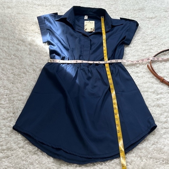🆕 NWT short sleeve collared belted button pullover mini dress solid blue small - Picture 4 of 9